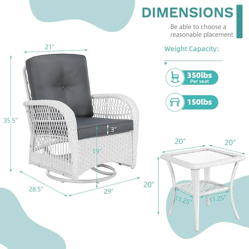 MEETWARM 3 Pieces Outdoor Wicker Swivel Rocker Patio Set, Rocking Chairs Rattan Patio Furniture Sets with Thickened Cushion and 3