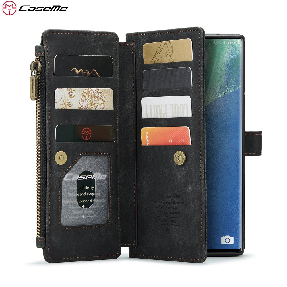 CaseMe Samsung Galaxy S22 Ultra Detachable 2 in 1 Multi-Functional Vintage  Leather Zipper Wallet Case Black