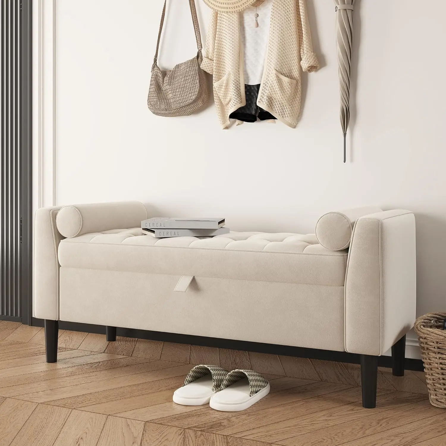 Ławka do przechowywania z aksamitnymi podszewkami, 118 cm, ławka na końcu łóżka, podnóżek, siedzisko do sypialni, przedpokoju, salonu, garderoby.