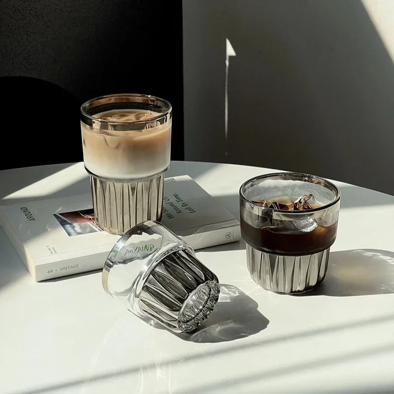 American Coffee Glass Cups Creative Vertical Pattern Water Cup Silver Milk Glasses Cold Brew Coffee Juice Cups Drinkware Tools
