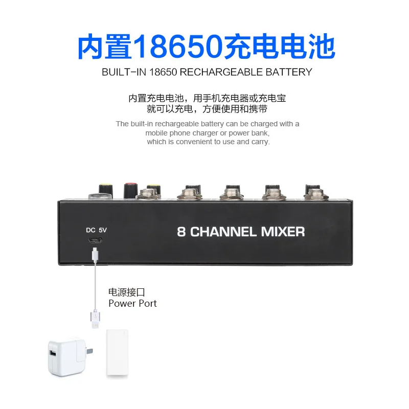 TEYUN Q-48 충전식 전문 휴대용 믹서, 사운드 믹싱 테이블, 일렉트릭 기타, 컴퓨터 DJ 인증, 8 채널