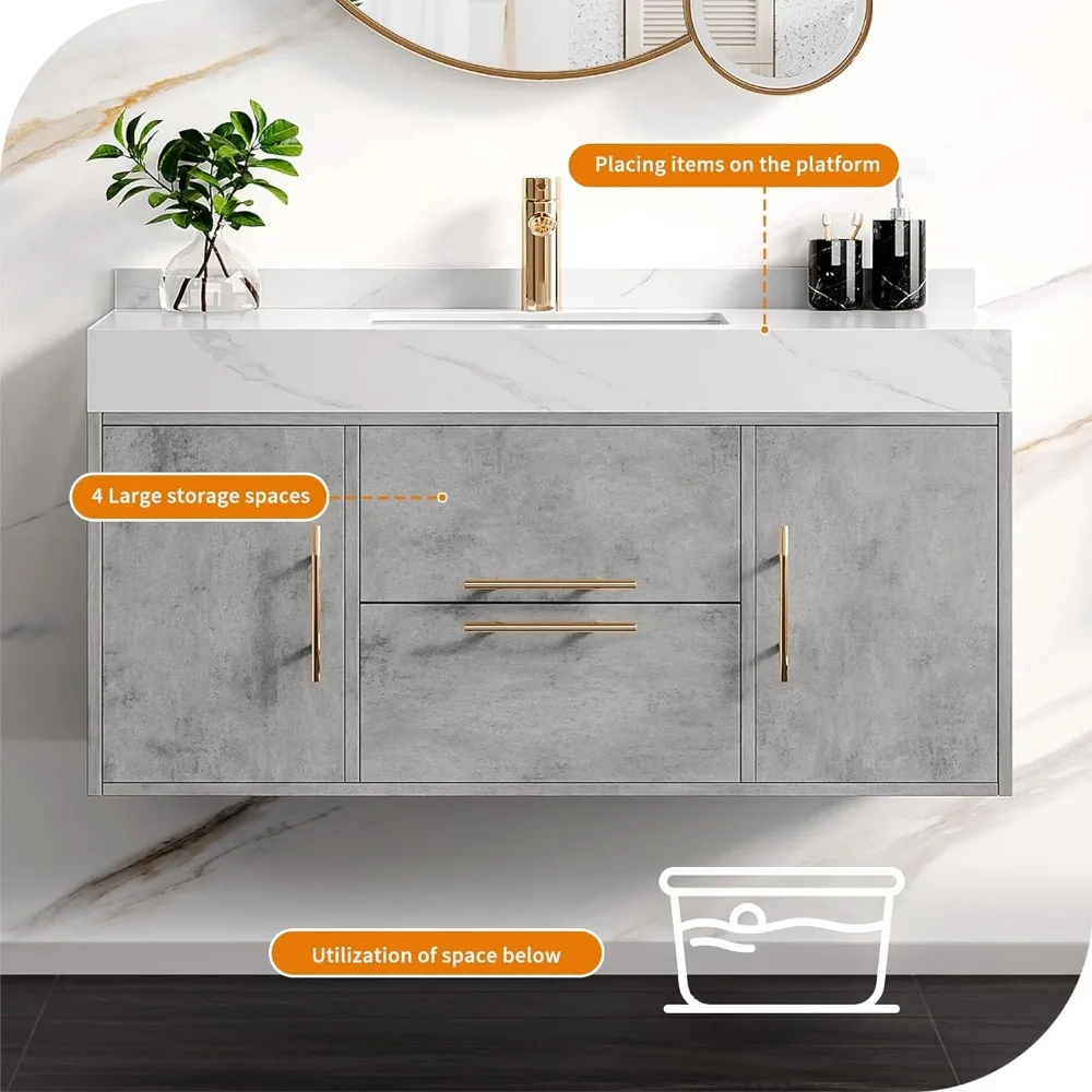 40 Inch Bathroom Vanity, Wall Mounted Vanity with Sintered Stone Countertop and Ceramic Basin Sink, Bathroom Cabinet with Sink