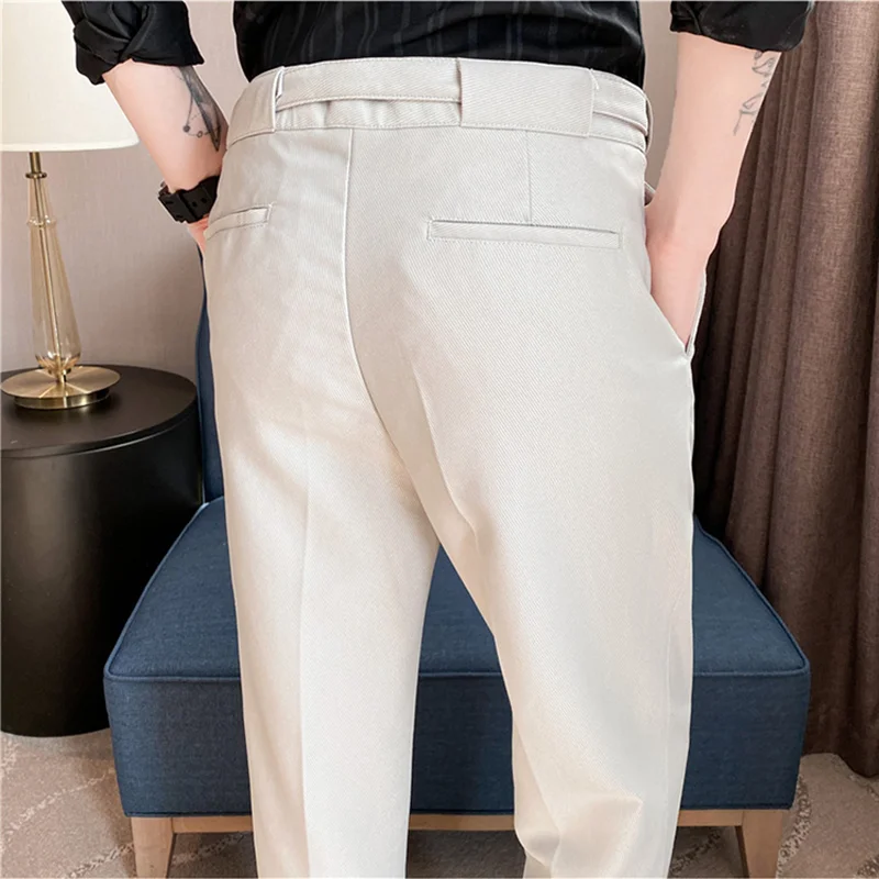 British Style Summer Men Formal Pant Fashion Belt Design Slim Fit Trousers  Formal Office Social Wedding Party Dress Suit Pants