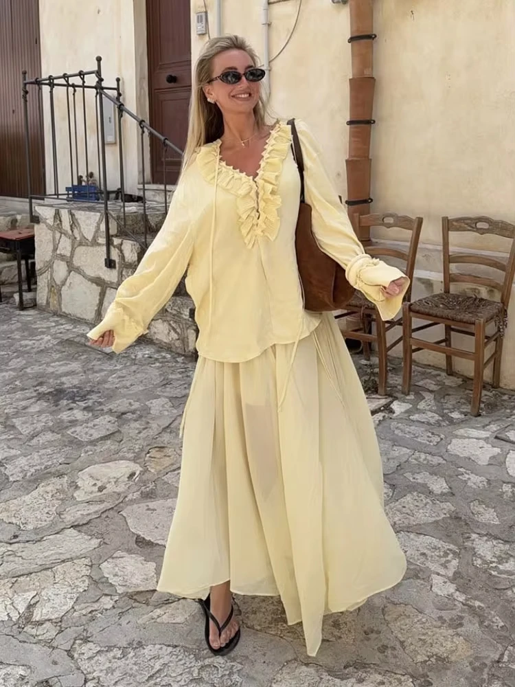 HH Women Elegant Yellow Ruffles Shirts Skirts Suits V Neck Lace-up Blouse Pleated Midi Skirt Summer Casual Maternity Outfit