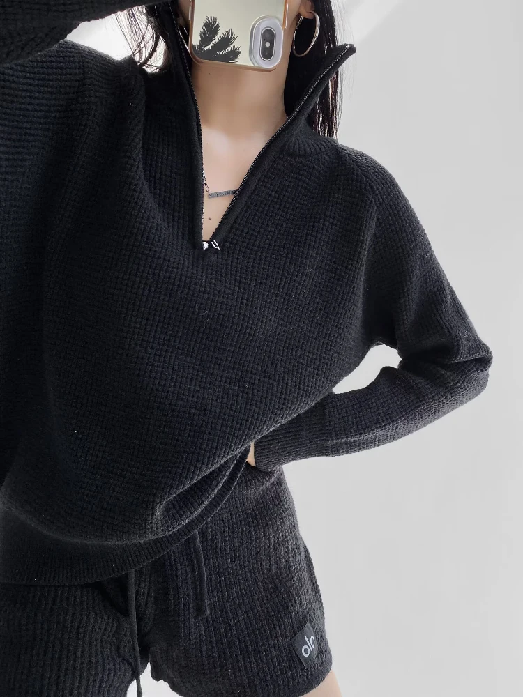 Women's Casual Knitted Set High Waist Long Pants Loose Long Sve Top Spring Summer Outfit Relaxing Plaid Ensemble - 3