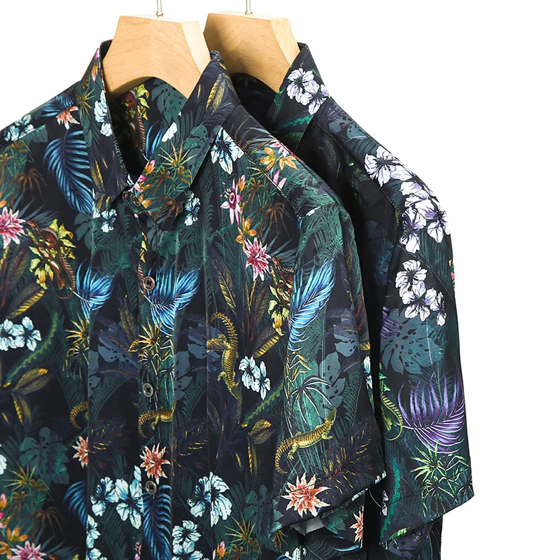 Mulberry Silk Blend Premium Shirts For Men Short Sleeved Casual Summer Quality Smooth Comfortable Floral Print Camisas De Hombre 6