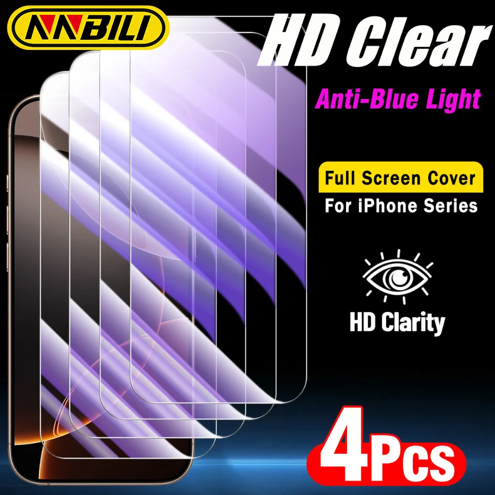 NNBILI Lot de 4 films de protection d'écran en verre trempé anti-lumière bleue, protection oculaire intégrale pour iPhone 17 16 Pro Max