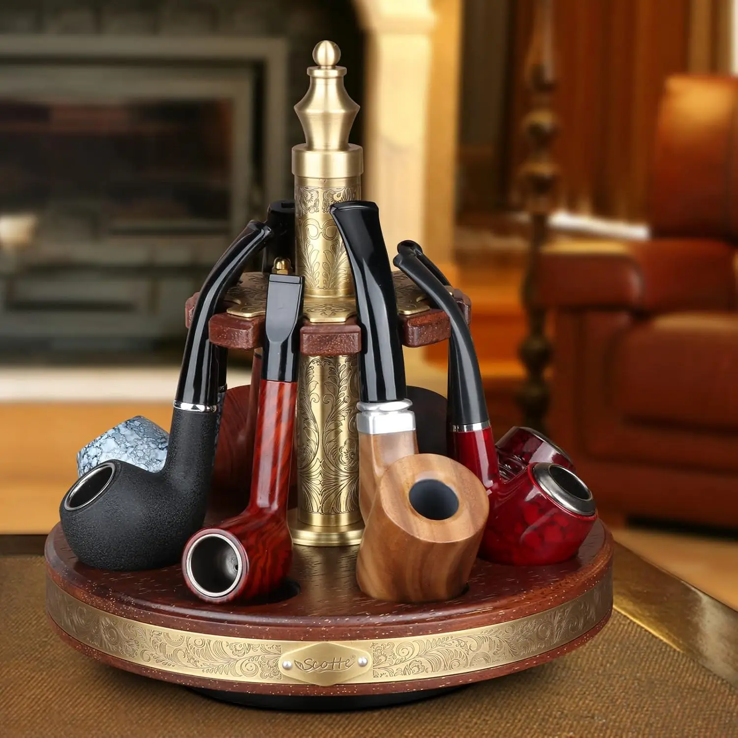 Scotte Tobacco Pipe Stand Wooden 360 Degree Rotatable Tobacco Pipe Display Rack for 8 Pipes with Carved Pattern Decoration