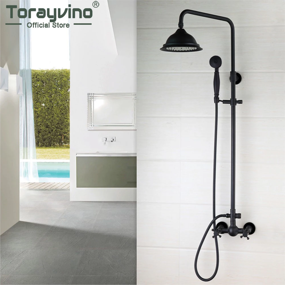 

Torayvino Bathroom Shower Faucet Set European Style Retro Black Lift Shower System Wall Mounted Rainfall Showers Mixer Tap