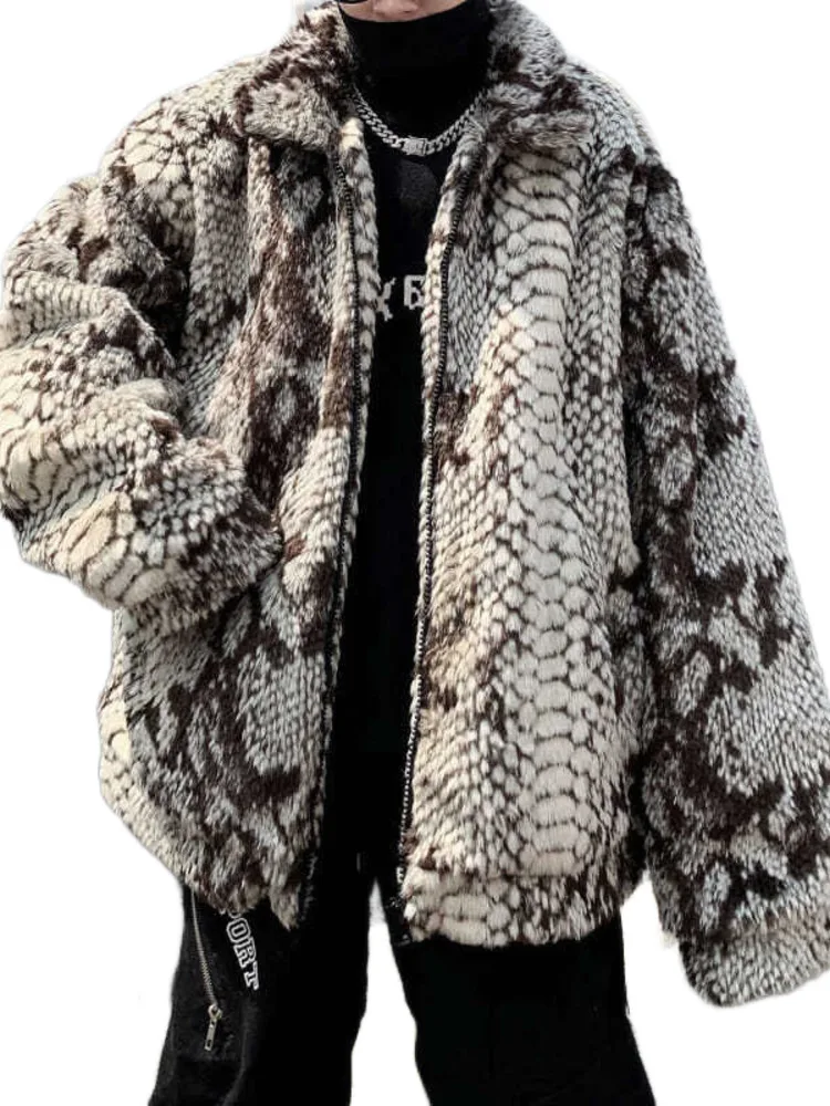 

New Snake Print Imitation Winter Streetwear Fashion Hip-hop Fur Plush Warm Cotton Jacket Male Korean Long-sleeved Outerwear