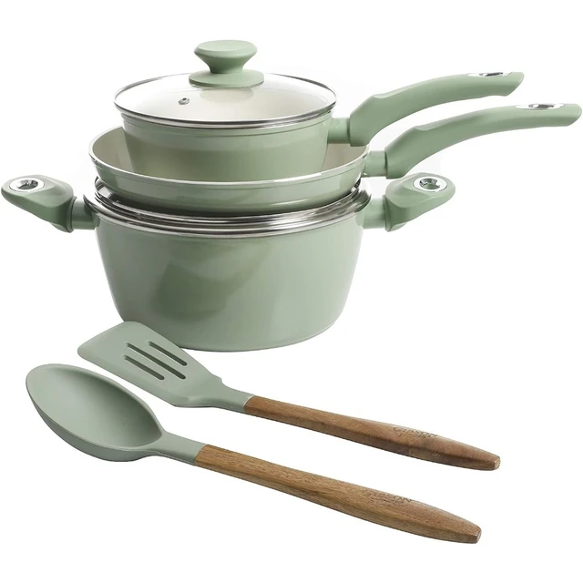 Forged Aluminum Healthy PFA-Free Ceramic Pots and Pans Cookware Set,  7-Piece Set, Mint Green - AliExpress