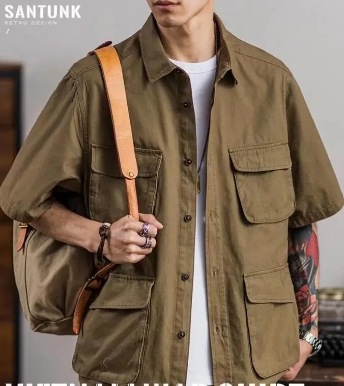 5/4 Sleeve Work Shirt American-Style Elastic Cargo Short-Sleeved Retro Outdoor Multi-Pocket Shirt Four Pocket Shirts Asia Size 3