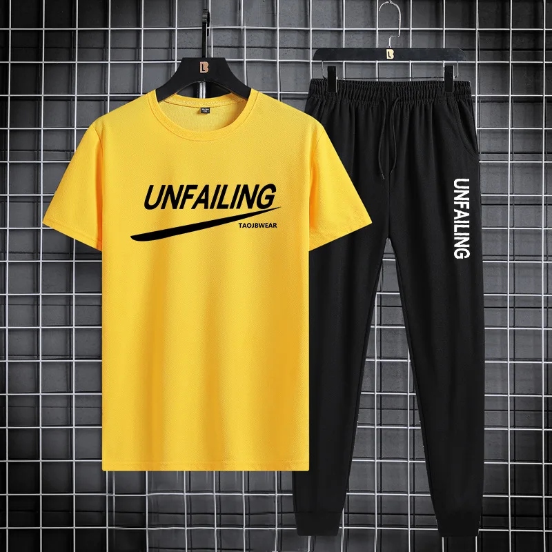 Summer Korean version slim summer short sleeved long pants set short sleeved casual sports round neck pullover comfort sports suit