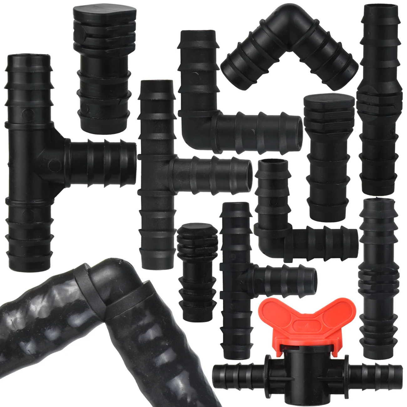 4pcs 1/2 3/4" Garden Water Drip Irrigation Hose Connector Joints 16mm 20mm 25mm PE Pipe Barb Connector Tee Elbow Repair End Plug