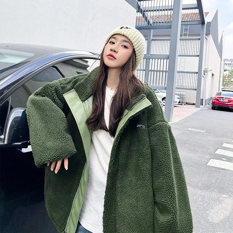 

Wear both sides of fashion double pieced lamb wool 2023 new winter coat short men and women couples PU leather cotton clothing