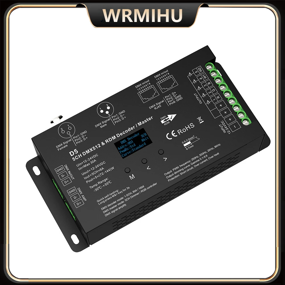 12-24V DMX512 CV OLED D5 dotato di Controller Master decodificatore Dimmer XLR3 RJ45 8/16Bit 5CH PWM 0-100% per striscia LED RGB + CCT