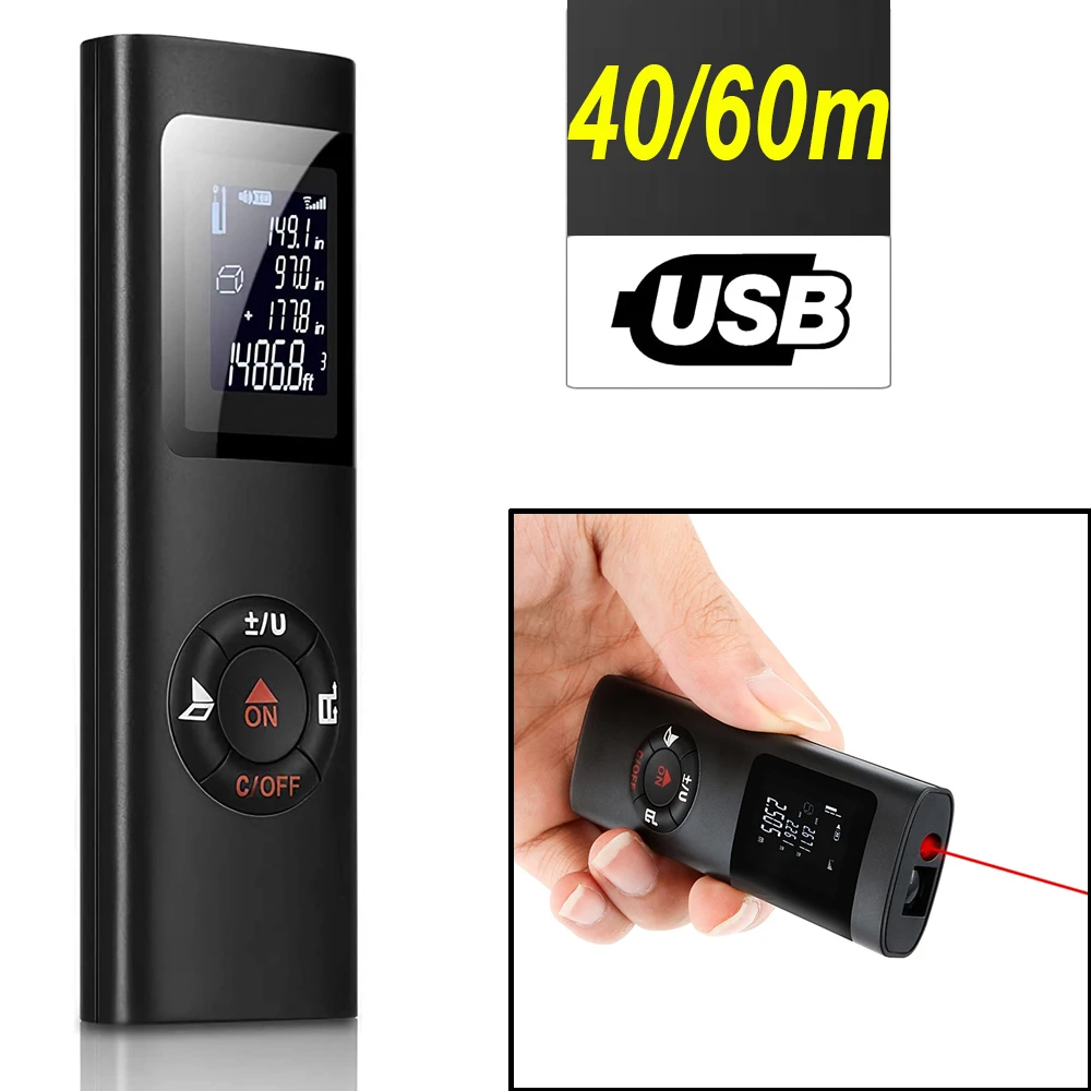 60m / 40m USB Charging Handheld LCD Digital Laser Rangefinder Distance Meter Backlight for Volume Area Pythagorean Decoration