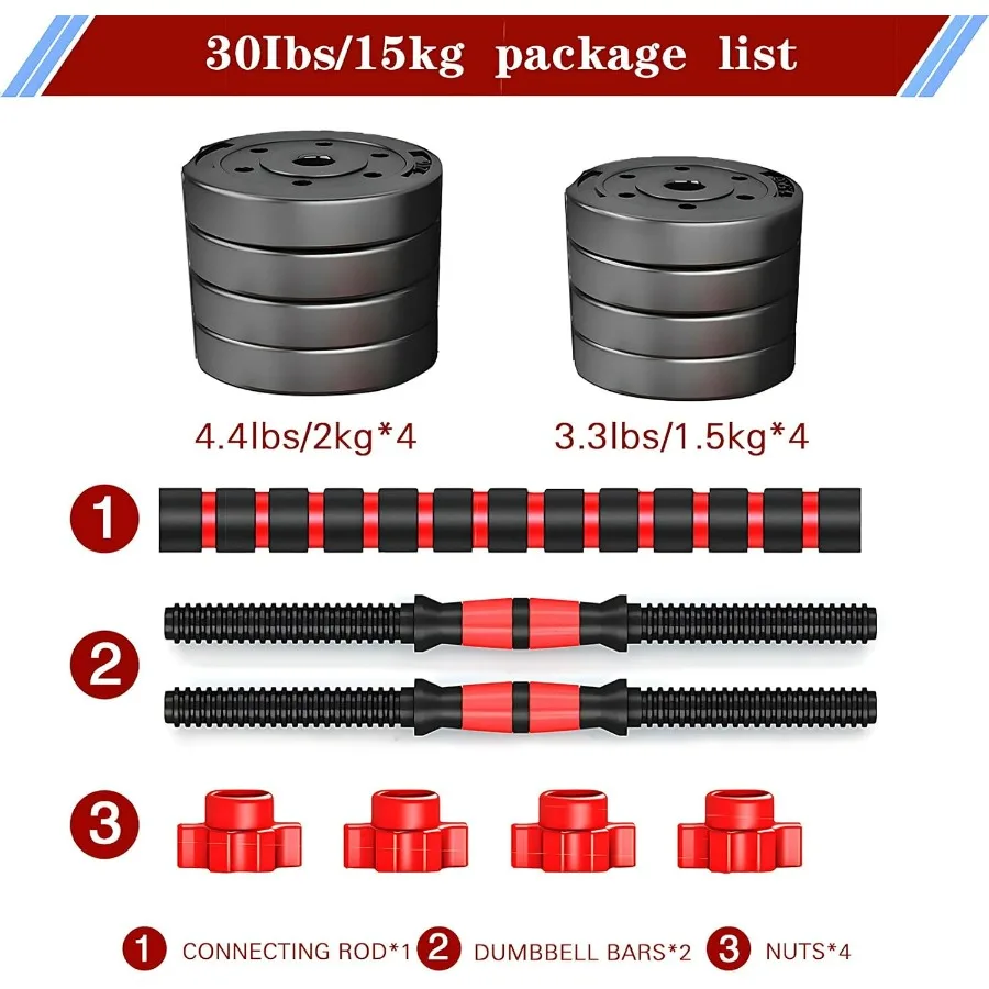 30lbs(15lbs*2) Adjustable-Dumbbells-Sets,Free Weights-Dumbbells Set of 2 Convertible To Barbell A Pair of Lightweight for Home G