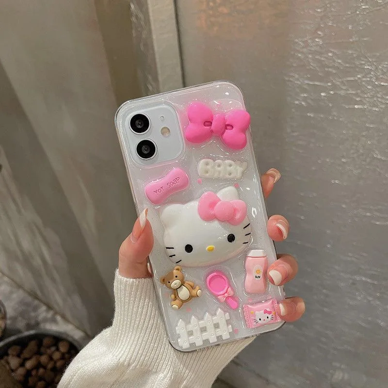 Sanrio Hello Kitty Ins 3D Bow Baby Phone Case For iPhone 15 14 13 Pro Max 11 12 Pro 7 8 Plus XR XS Max Cute Cover Y2K Anti Fall