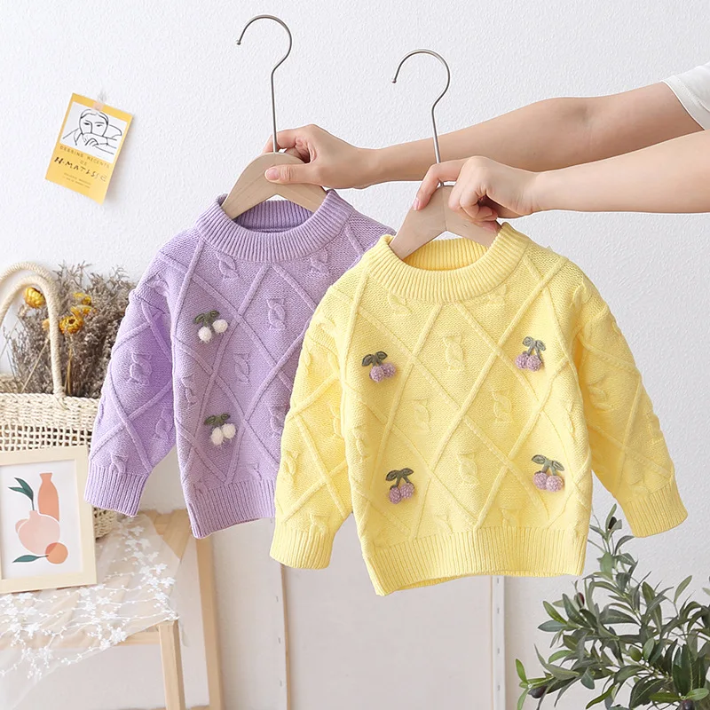 

Cute Girls Sweaters Autumn Winter Long Sleeve Cherry Kids Pullover Warm Sweater 2022 New Casual Knitted Tops