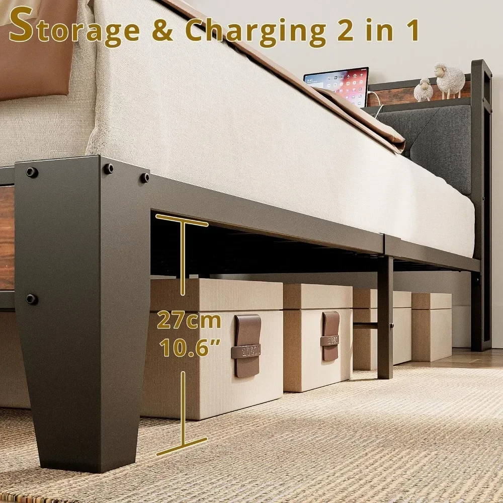 Twin XL Size Bed Frame, Storage Headboard with Outlets, Sturdy and Stable, Easy To Install, No Noise, Bed Frame 5