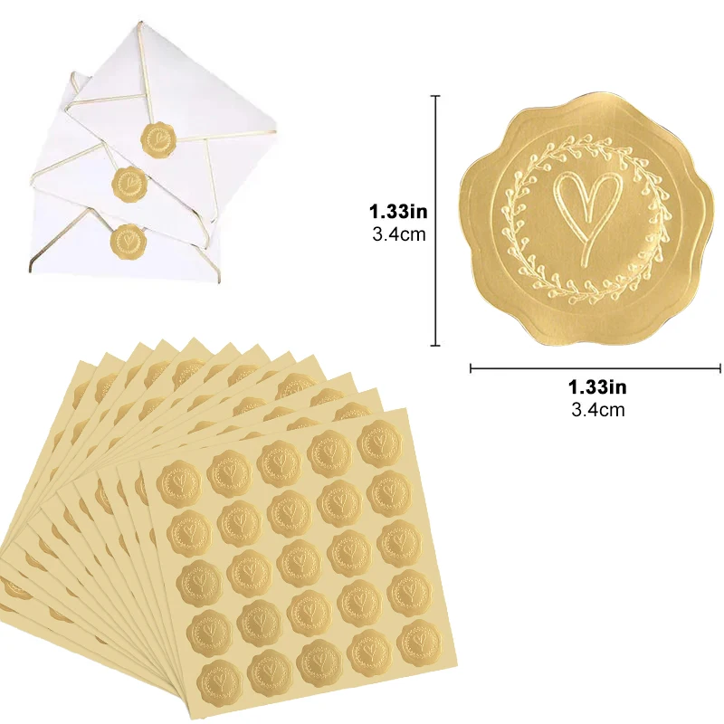 100-200pcs Gold Embossed Heart Stickers Envelope Seal Wax Looking Labels Wedding Party Invitation Card Christmas Gift Decoration