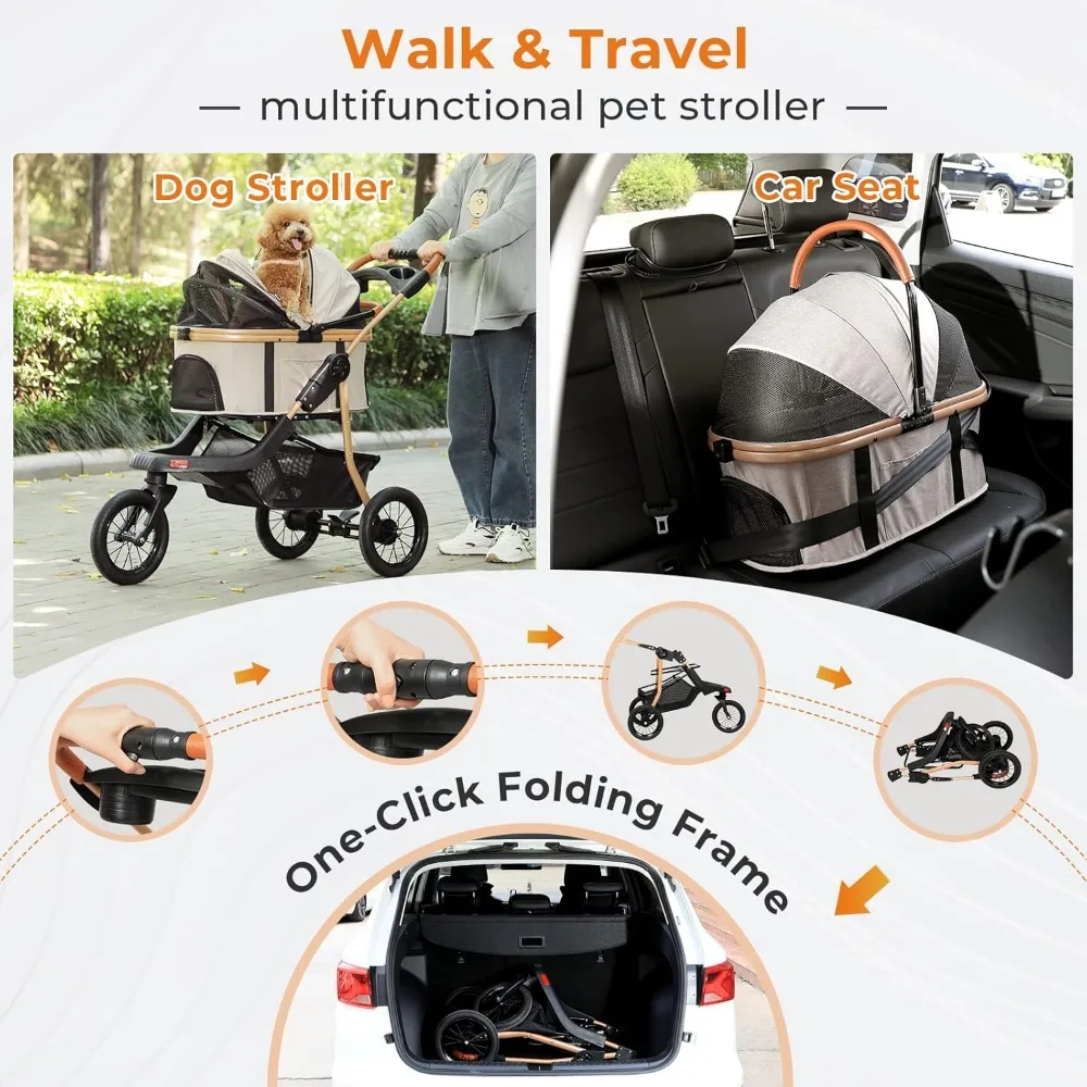 MSmask Pet Stroller, Premium 3-in-1 Large Dog Stroller for Cats/Dogs with Detachable Carrier, Zipperless Dual Entry, Foldable