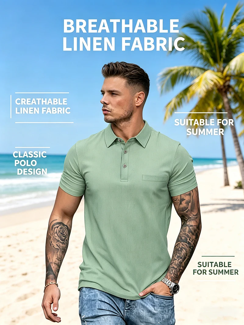 Polo da uomo in misto lino a maniche corte con abbottonatura, toppa sul petto, traspirante, casual, per golf, lavoro, uso quotidiano - immagine 5