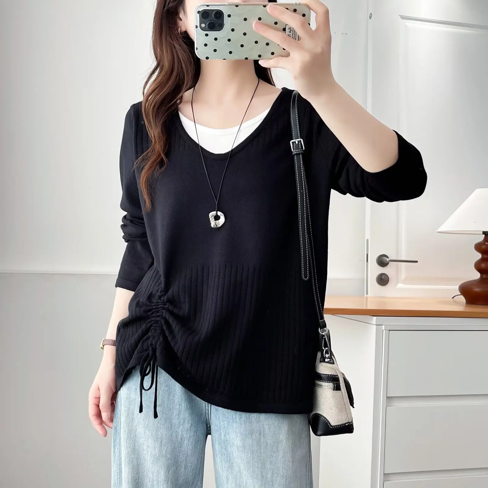 Fashion Plus Size Women's Sweater 2025 Autumn New Style Hollowed Out Pleated Long Sleeved Knitted Fake Two Pieces Jumpers 2573