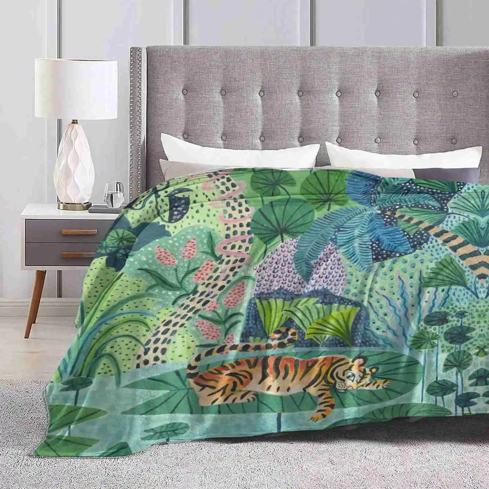 Jungle Tiger Soft Warm Throw Coperta Tiger Lion Panther Kitty Cat Lover Botanical Tropical Rainforest Jungle Book Leaves Plants