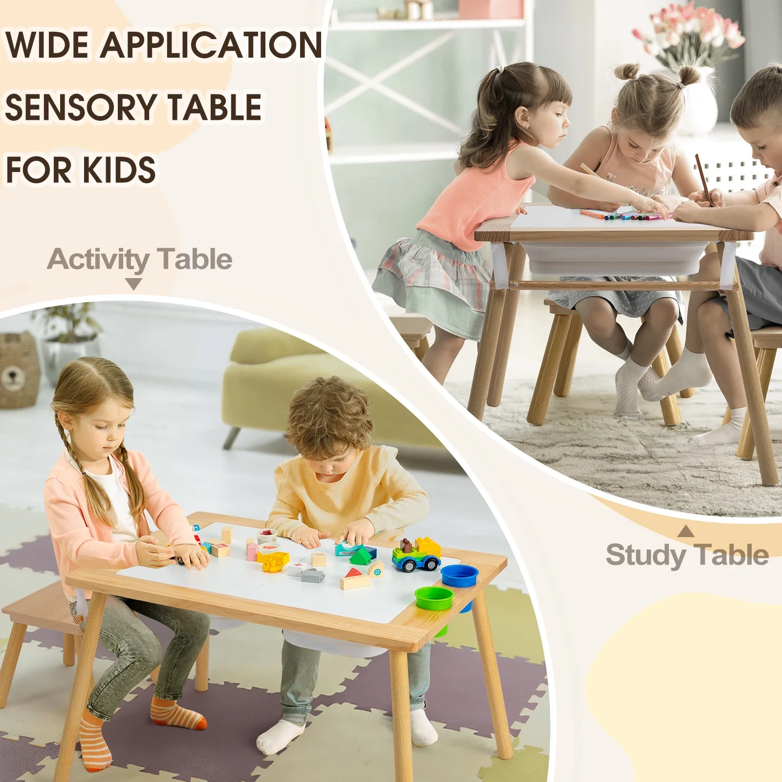 US Stock Children's Sensory Table with Stool, Kids Activity Table with 2 Storage Bins & 2 Pen Holders & Paper Roll,Wood 4
