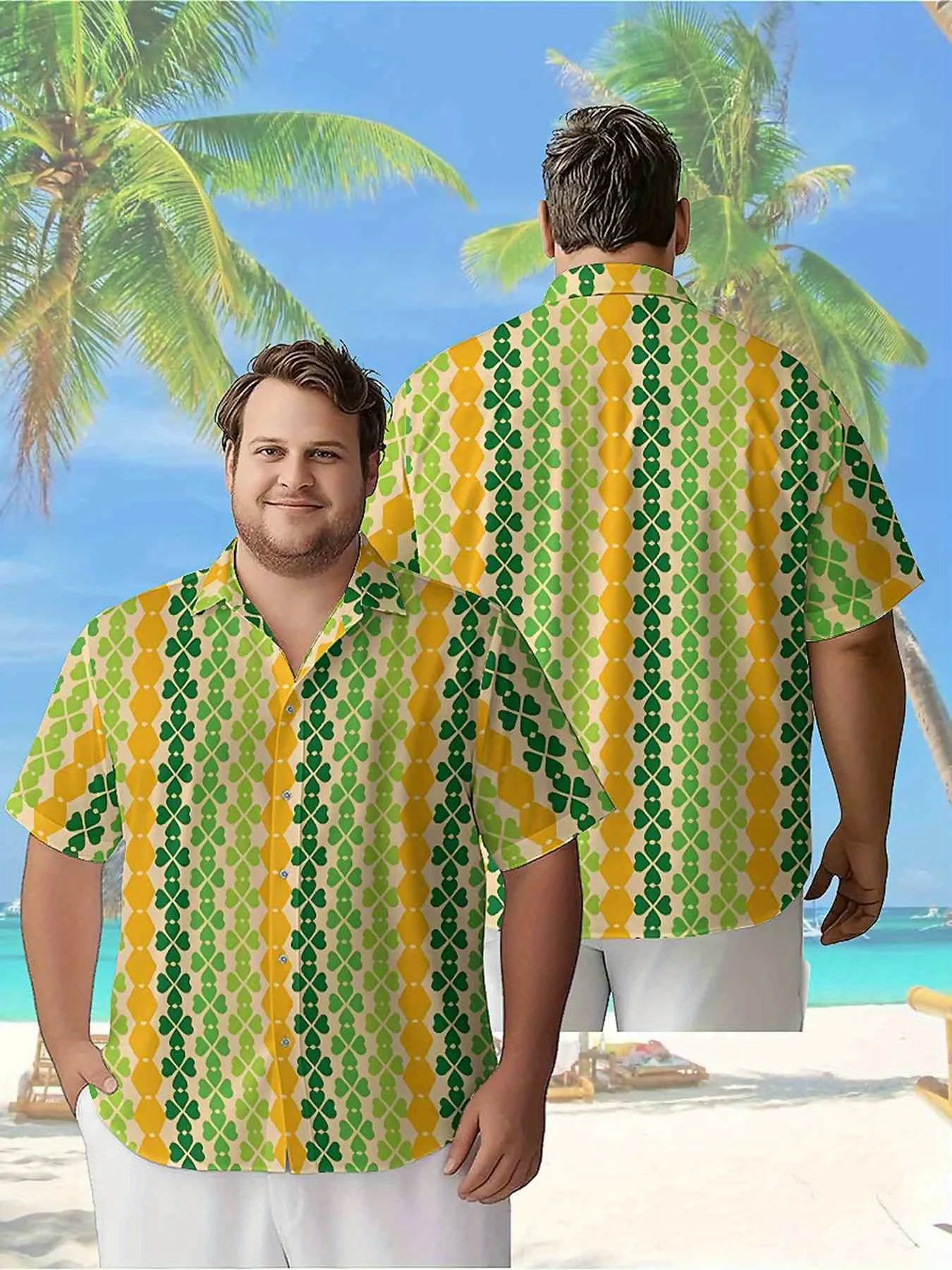 Men's Plus Size Hawaiian Shirts Vibrant Green and Orange Geometry pattern, Button Up Shirts, Unisex Casual Clothing, Summer Tops