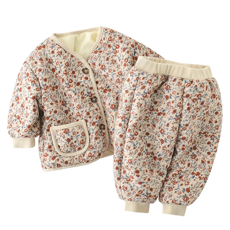 Autumn Winter Children Girls Clothes Set Cotton Thick Floral Border Jogger Pants Suit Long Sleeve Single Breasted Outfit