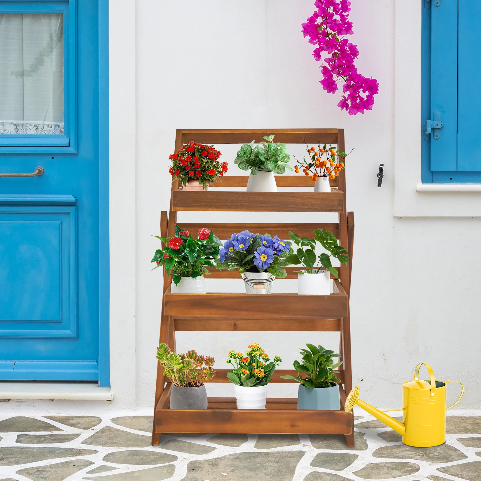 3-Tier Acacia Wood Plant Stand, Foldable Compact Indoor/Outdoor Display Rack for Plants and Decorative Items
