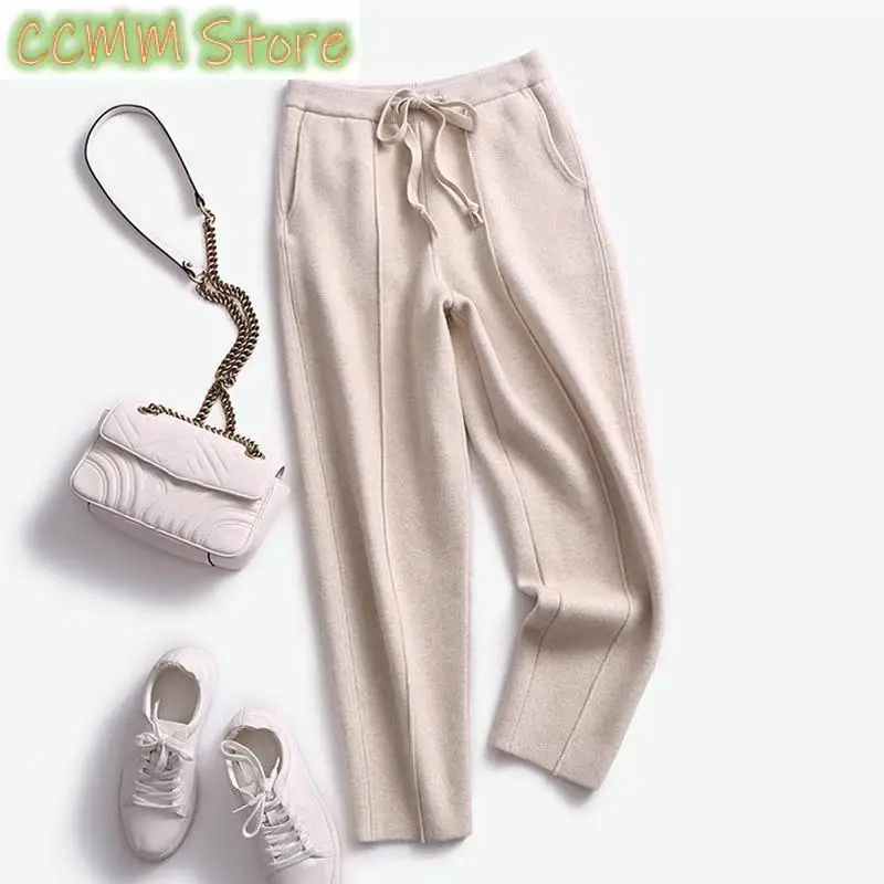 New High-quality Fashion High Waist Drawstring Knitted Pants Women Autumn Winter Warm Harem Nine-point Carrot Pants korean