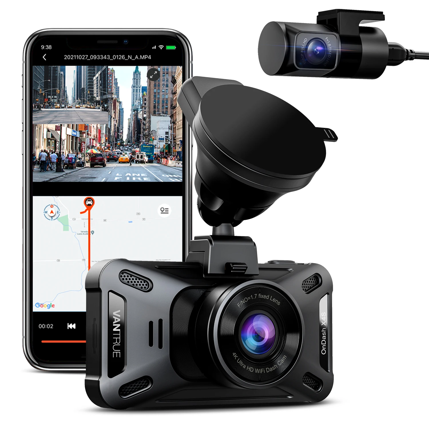Vantrue N2s 4K Dash Cam, Dual 2.5K 1440p Dash Camera with GPS and Speed, IR Night Vision Front and Inside Uber Car Camera, 24/7 Recording Parking Mode