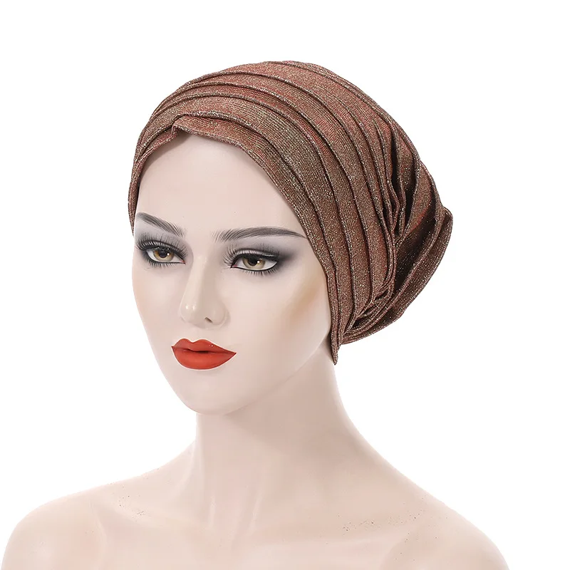 

New Muslim Glitter Bonnet Hijab Pleated Turban Cap for Women African Auto Gele Headtie Aso Oke Head Wrap Headwear Hat Headscarf