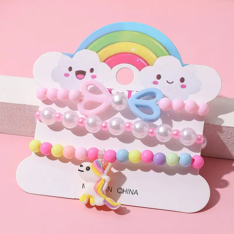 Cute children's cartoon bracelets 3pcs/set princess beads unicorn fruit cat girls jewelry charm gifts