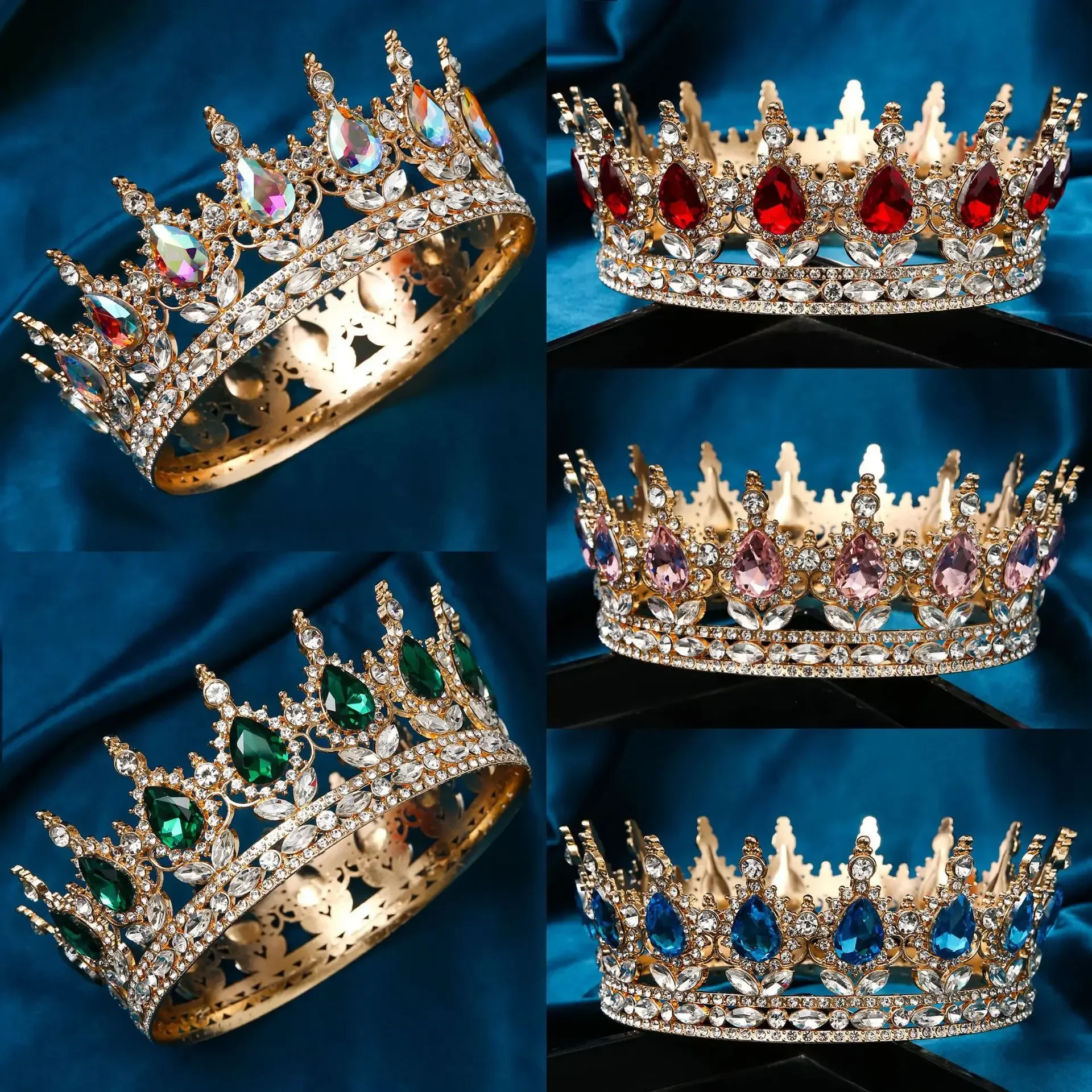 Bridal European Princess Tiara Round Baroque Pageant Crowns Crystal Full Crown King Tiara