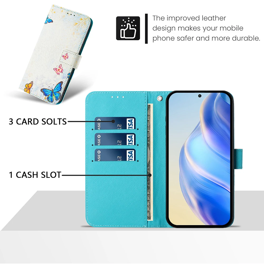 Stylish Coloured Drawing Shockproof Wallet Case with Stand and Strap - Flip Phone Cover