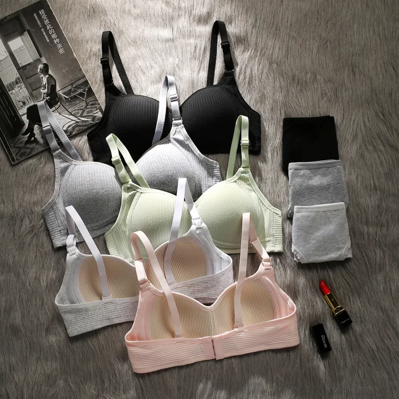Conjuntos de sujetador sin costuras para mujer, bragas + sujetador sin aros, traje de 2 uds., Bralette de Color sólido, lencería Sexy, sujetador de algodón para mujer_voghion.com