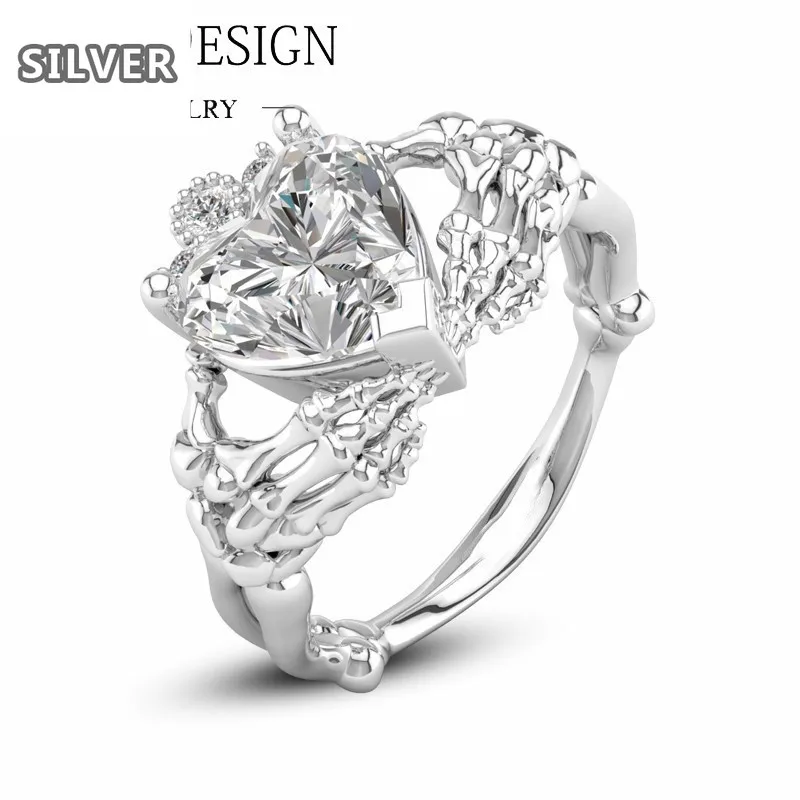Punk Heart Gothic Skeleton Design Crown Hand Heart Clah-Duh Claddagh Anello Da Dito Per Le Donne Regalo Gioielli Regalo Regalo Per Feste Anelli Da Don