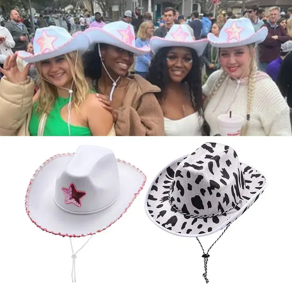 Women Pink West Cowgirl Hat Girls Tiara Feather Felt Western Sequin Cowboy Cap Costume Party Dress Jazz Caps Cosplay Props