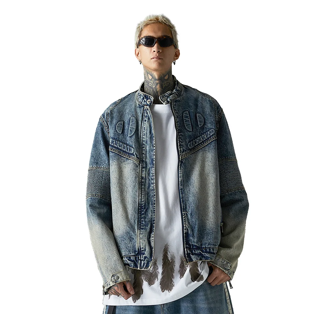 

Men Loose Casual Stand Collar Vintage Washed Denim Motorcycle Jacket Man Women Hip Hop Jeans Coat Couple Outerwear