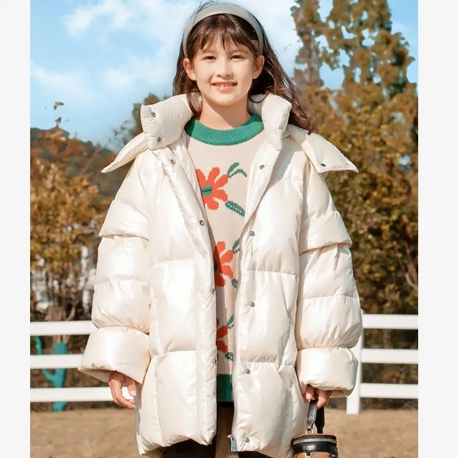 

White Duck Down Hooded Padded Down Jacket For Girls Winter Children Glossy Down Coat Thicker Warm Bread Outerwear A891