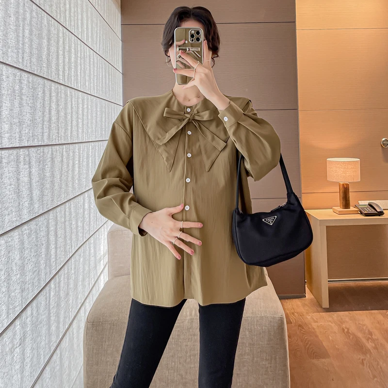 

Pregnant Woman Cotton Shirts Long Sleeve Turn-down Collar Plus Size Maternity Blouses Bowknot Button Fly Pregnancy Clothes Tops