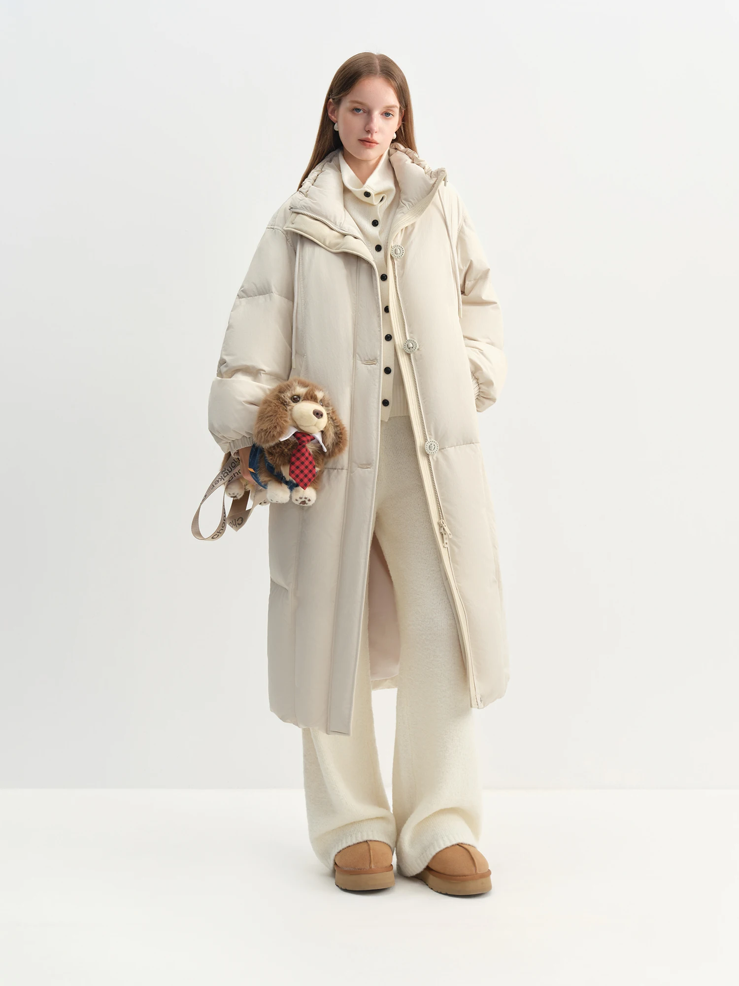 FSLE Winter Women Mid-Length Puffer Downcoat with Stand Collar Korean Style Slouchy Down Jacket Loose Fit Warm Soft Outerwear