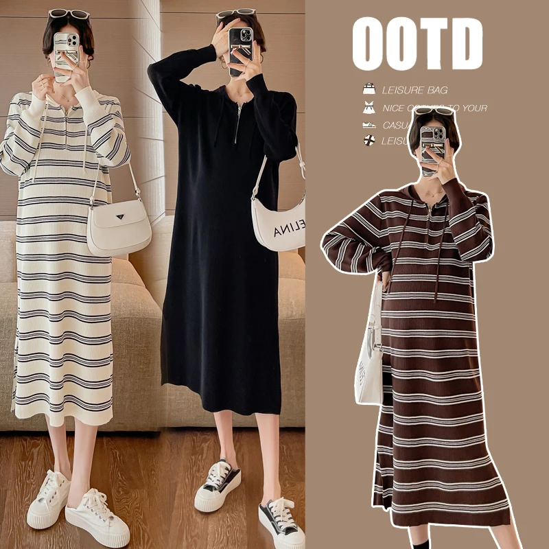 

1057 #2024 осеннее модное Полосатое длинное платье для беременных крутая свободная прямая Одежда для беременных женщин повседневная одежда для беременных