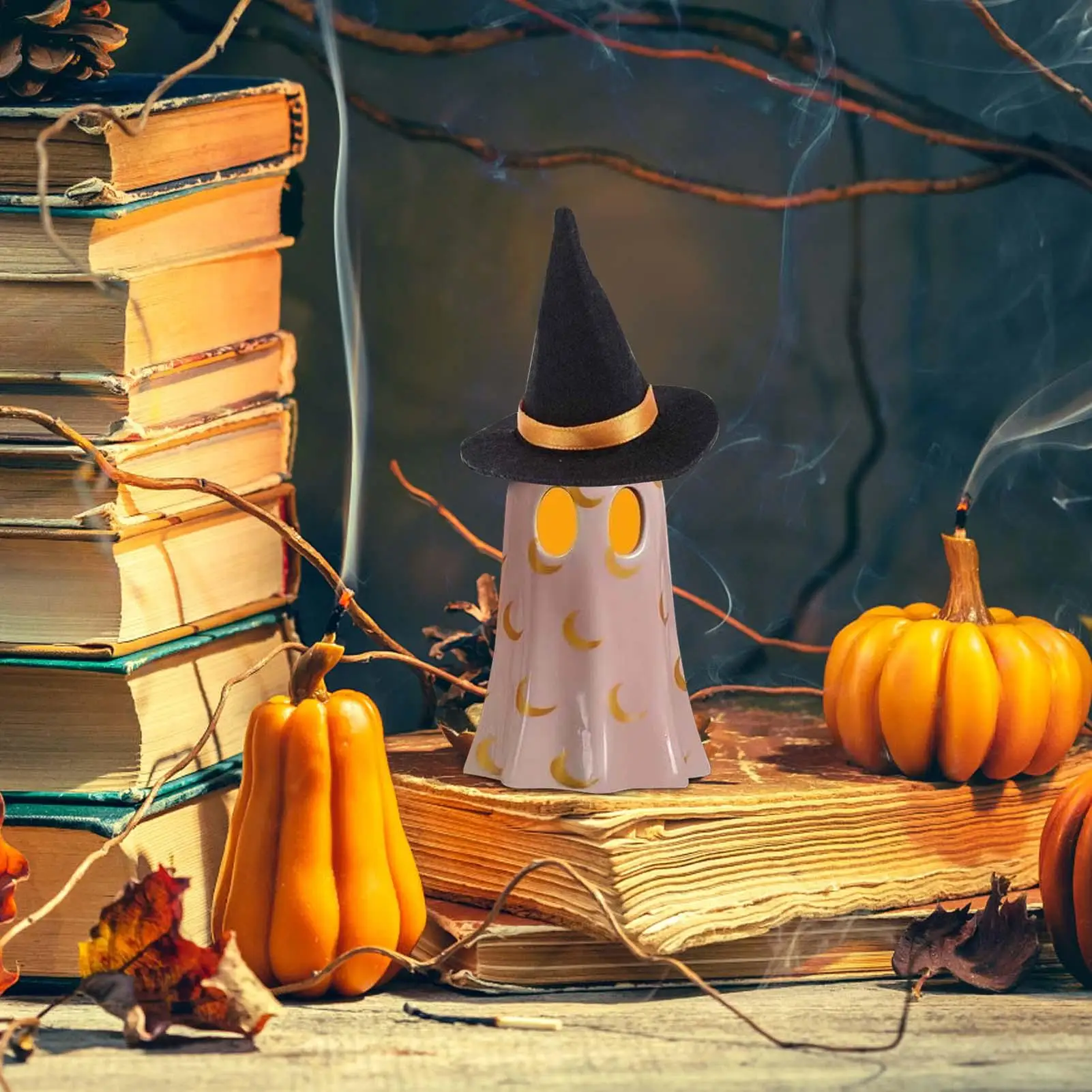 Halloween Ghost Figurine Decorative Halloween Desktop Sculpture Decorative Resin Light Up Ghost Wearing Witch Hat Sculpture For