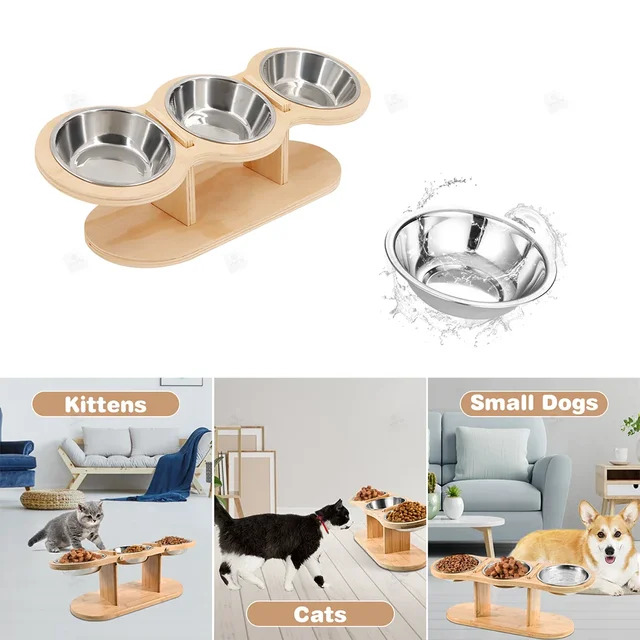 Anti Knock Pet Food Bowl with 3 Stainless Steel Bowls Wooden Pet Bowl Rack  Adjustable and Detachable Suitable for Cats and Dogs 3